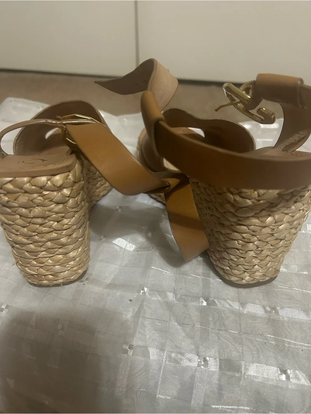 Louise et Cie Tan Leather Espadrille Wedge Sandals with Gold Hardware